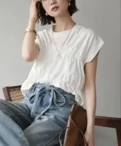 【数量限定SALE】ギャザーフレンチスリーブカットソーWHITEリュミエ