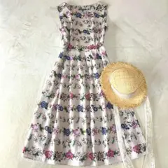 美品✨ローラアシュレイ　リネン　大きいサイズ13 ノースリーブ　花柄ワンピース