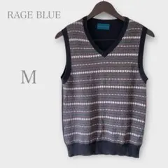 レイジブルー　ボーダーコットンニットベスト　Vネック　グレー系　M