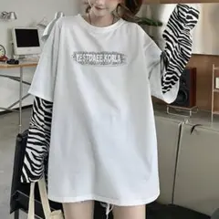 ゼブラ柄 長袖レイヤード風Tシャツ ホワイト