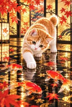 茶トラ　猫　仔猫　ねこ　イラスト　デジタルアート　和室　金魚　紅葉　D484