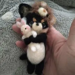 羊毛フェルト・ちびウサギ抱っこ・くま帽子のやんちゃなチワワちゃん