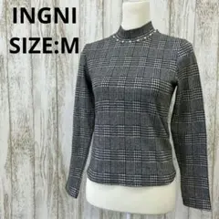 イング❤️ニット　首元ビジュ付　チェック柄　ハイネック　黒　ブラック　M