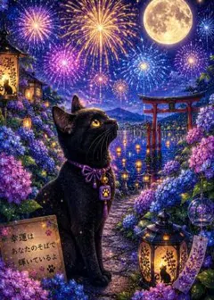 【一作限り】満月に舞う黒猫の和幻想アート 黒猫 デジタルアート L736 一作限り】月夜の黒猫 開運 猫 絵 和風 紅葉 幻想 デジタル H272