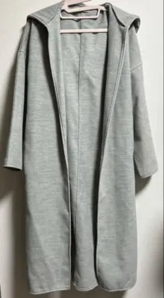 ノーブランド フード付きロングコート ガウンコート グレー ウエストリボン