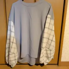 水色 チェック柄 ボリュームスリーブ トップス