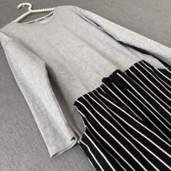 グレー Vネック長袖 ストライプ ドッキング ひざ丈ワンピース L チュニック丈