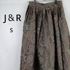 J＆R　スカート　S　ひざ丈　ジャガード　ペイズリー　ギャザー　フレアシルエット