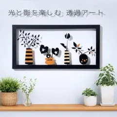 壁掛け 切り絵・透過アート【北欧の花 窓辺のポットちゃん 黒木目枠 v15】玄関