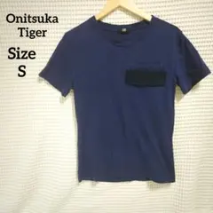 【オシャレ☆Onitsuka Tiger】紺色　半袖Tシャツ　虎ポケット　S
