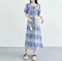 韓国風半袖花柄ひざ丈ワンピース✿夏の女子会やお出かけに