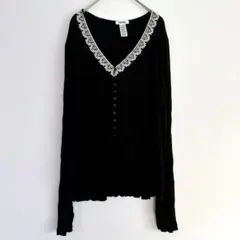 DKNY ブラック Vネック 長袖シャツ ロングスリーブ フリル ボタン レース