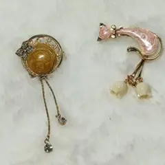 レトロブローチ 2点セット 猫モチーフ 帽子モチーフ