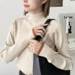 12G ボトルネック配色ラインワイドリブニットプルオーバー