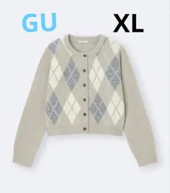 GU パフニット アーガイル クルーネック カーディガン