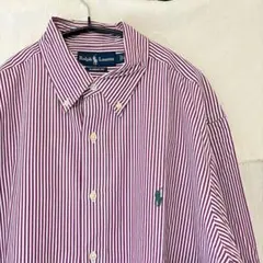 ラルフローレン　ストライプ　ボタンダウンシャツ　ボルドー系　L　ポニー