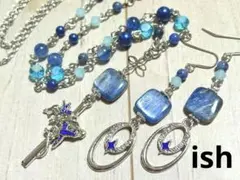 【A117】ish AAAカイヤナイトスクエア・ブルーバードネックレス＆ピアス
