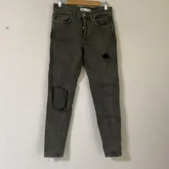 ZARA スキニー　カーキ　ダメージデニム