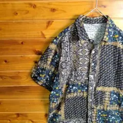 柄シャツ　半袖シャツ　幾何学模様　ヴィンテージ　レトロ　XL　パッチワーク風