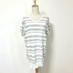 シネマクラブ✨Ｖネックニット半袖ロングトップス【Ｌ】ボーダー　チュニック