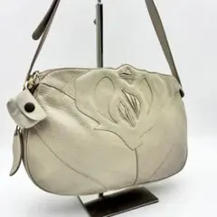 【美品】イビサ　レザー ショルダーバッグ　アイボリー　フラップ　編み込み　刺繍のサムネイル