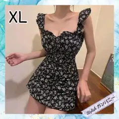 ツルッとした生地の水着*☆*花柄 ワンピース 水着　黒 XL*☆*