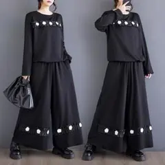 新品 大きいサイズ4L セットアップ 秋冬黒レトロ ゆったり ワイドパンツe