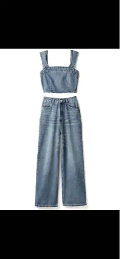デニム クロップトップとワイドパンツ セットアップ
