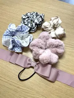 シュシュ4点　& リボン付きヘアゴム　セット