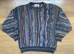 【美品】3Dニット 総柄 立体編み COOGI風 ブルー系 M 古着 90s