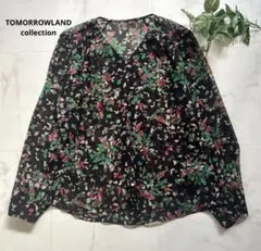トゥモローランドコレクション シアーシャツ フラワープリント 花柄 M ブラック