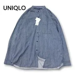 新品タグ付✨ユニクロ ヒッコリーオーバーサイズ スタンドカラーシャツ XL 青