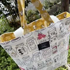 ダブル持ち手　リバーシブル猫デザインの布製トートバッグ　ハンドメイド