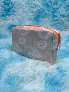 帯リメイク 淡いピーチピンク 白デイジー花柄 箱型ポーチ ハンドメイド