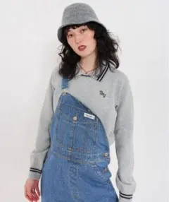 配色ライン入り 襟付きニットプルオーバー TINA：JOJUN グレー