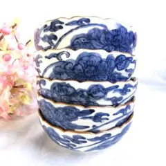京焼清水焼　京泉窯　馬場京泉　染付　手描き　小鉢　段付鉢　５客　未使用のサムネイル