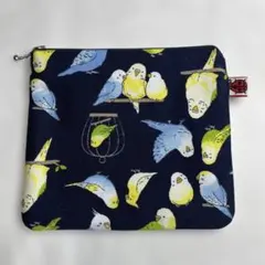 ハンドメイドポーチ☆セキセイインコプリント紺+ブルー