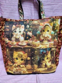ハンドメイド、クリスマス猫ちゃんパネルビッグサイズトートバッグ
