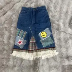 デニムパッチワークスカート フリンジ付き