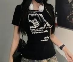 英字プリント 半袖Tシャツ ブラック　amood 韓国