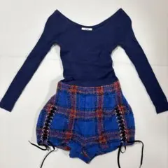 スナイデル サロペット 異素材 紺×青赤チェックニット ショートパンツ