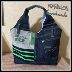ボーダーアメカジT☆マチたっぷりトートバッグ/デニムリメイクバッグ