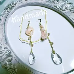 handmadeピンクゴールド ツイストドロップピアス　スワロスキー