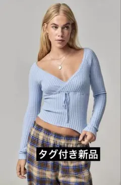 リブニット カシュクール Vネック リボンディテール フィットシルエット ブルーのサムネイル
