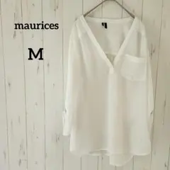 ダメージあり!maurices【M】ホワイト Vネックシャツ透け感袖ロールアップ