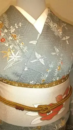 小紋 着物 フルセット 正絹 格子柄 十五夜 うさぎ 青系 刺繍 F5 2025年