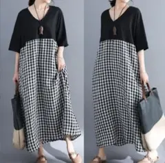3L ワンピース ロング チェック シャツ リネン 麻 半袖 切り替え j6