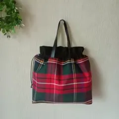 大判タータンチェック　巾着ミニトートバッグ　レッド　ハンドメイド