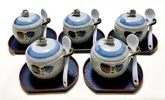 まるほん陶器　アヒル鴨形　茶碗蒸し器　蓋付き小鉢＆半月盆＆スプ－ン　5客セット