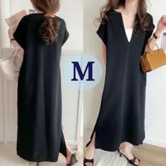 ワンピース　ロング　リネン　レイヤード　ブラック　黒　夏　上品　大人　Ｖネック